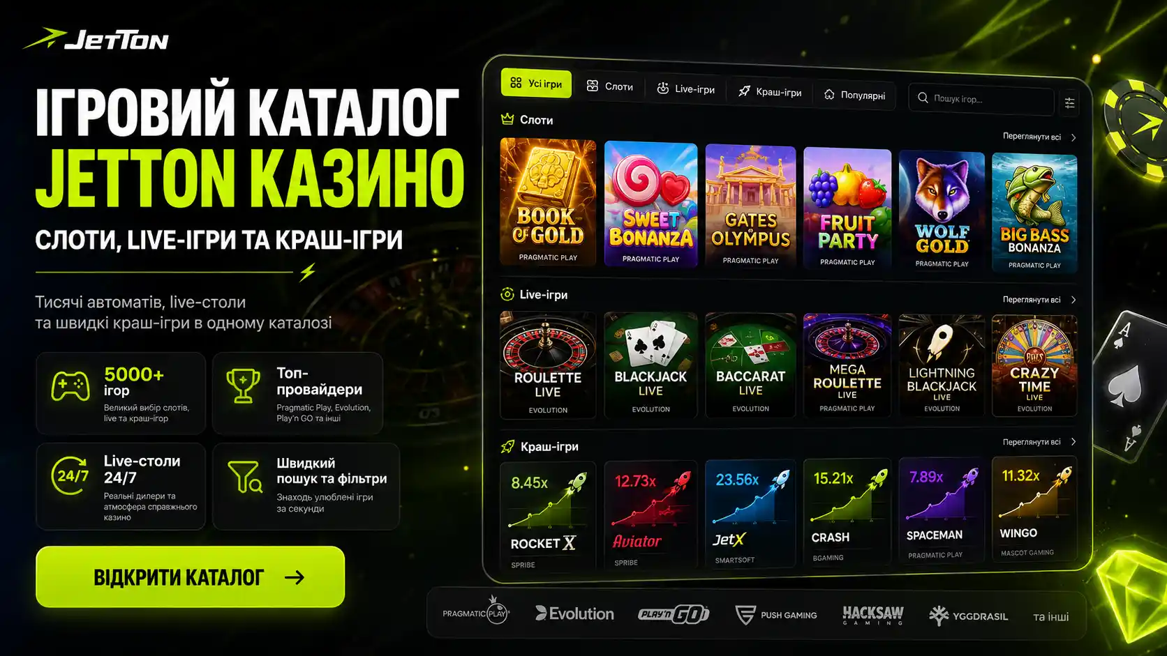 Огляд головної сторінки Jetton Casino — ігровий каталог та інтерфейс